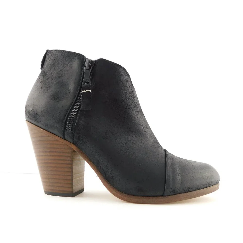 New RAG & BONE Black Leather Cap Toe Block Heel Double Zipper Booties 38.5